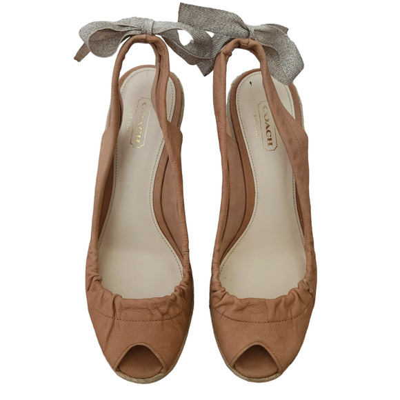 COACH Maritza leather slingback peep toe wedge heels tan bow sandals Size 6.5 B - Picture 2 of 9